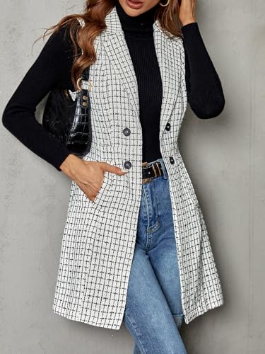 Women's Tweed Plaid Long Blazer Vest Sleeveless Trendy Fall Business Casual Dressy Work Blazer Jackets 2025