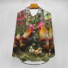 Chicken Rooster Garden Flowers Womens Button Down Shirts Long Sleeve Dress Shirts Casual Blouses Irregular Hem Tops