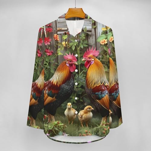 Chicken Rooster Garden Flowers Womens Button Down Shirts Long Sleeve Dress Shirts Casual Blouses Irregular Hem Tops