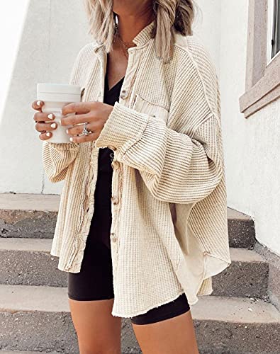 Women's Loose Fit Batwing Sleeve Waffle Knit Button Down Shirt Shacket Tops