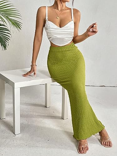 Solid Lettuce Trim Pencil Skirt - High Waist, Long Length, Regular Fit, Green (Color : Green, Size : Large)