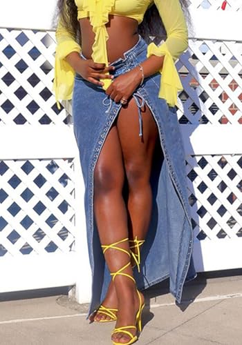 Women's High Split Long Denim Skirt Sexy Tie Knot High Waisted Stretchy Trendy Irregular Jean Skirts Streetwear