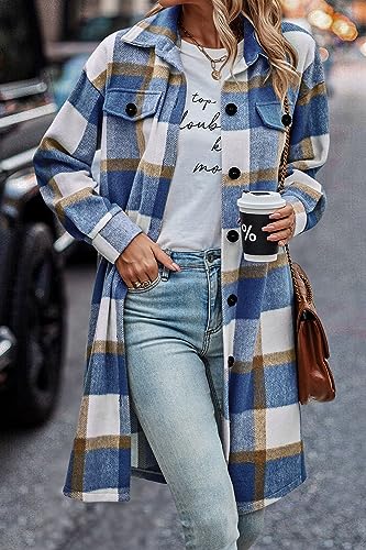Womens Plaid Shacket Jacket Fall Fashion 2025 Long Sleeve Button Up Flannel Shirt Winter Clothing Woolen Coats