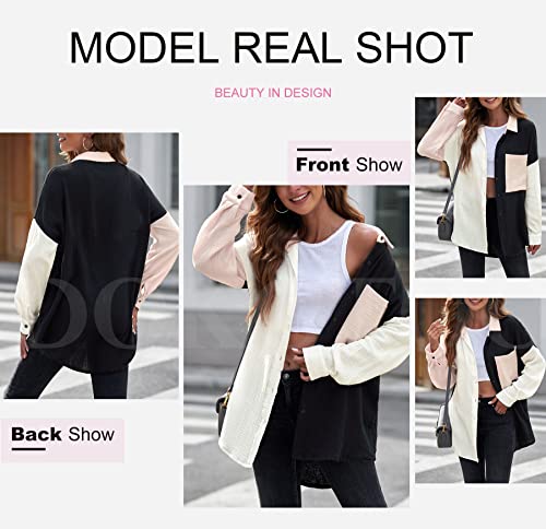 Womens Color Block Button Down Shirts Long Sleeve Oversized Boyfriend Blouses Tops