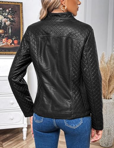 Faux Leather Jacket Women Motorcycle Zipper Bomber PU Bike Coat with Pockets