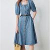 Women Office Denim Midi Dress Square Neck Puff Sleeve Slim Fit Pencil Skirt Dress Workwear Stretch Dress
