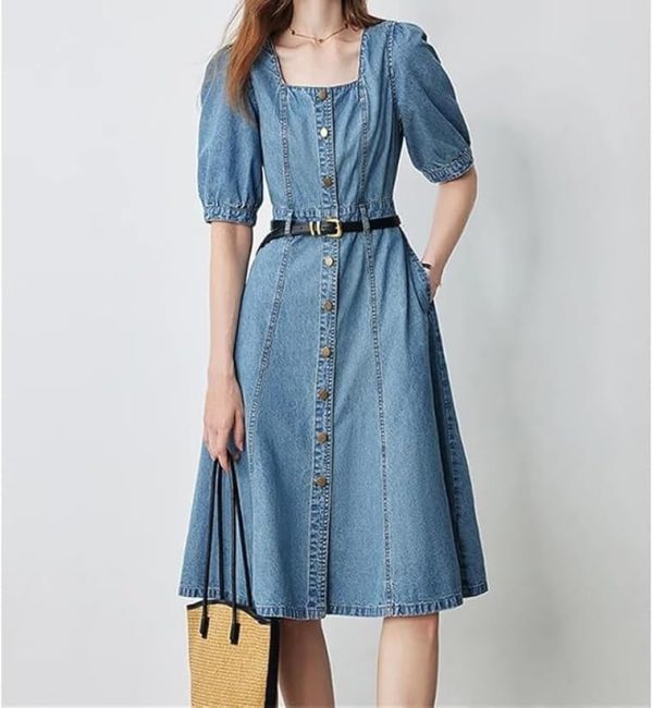 Women Office Denim Midi Dress Square Neck Puff Sleeve Slim Fit Pencil Skirt Dress Workwear Stretch Dress
