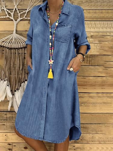 Denim Dress for Women 2025 Casual Loose Long Sleeve Classic Vintage Button Down Jean Shirt Dresses with Pockets