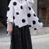 Women's 2025 Loose Flowy Blouse Tops Polka Dot Long Sleeve Button Down Side Slit High Low Hem Tunic Shirt
