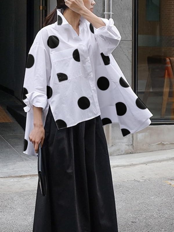 Women's 2025 Loose Flowy Blouse Tops Polka Dot Long Sleeve Button Down Side Slit High Low Hem Tunic Shirt