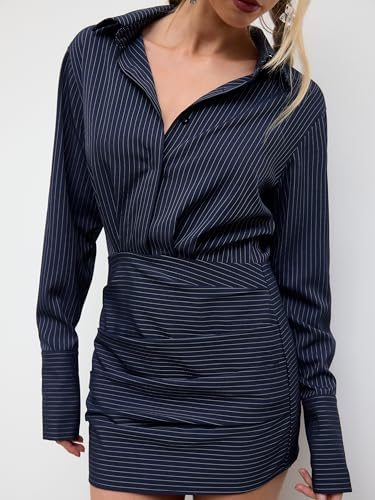 Shirt Dresses for Women Striped Collar Long Sleeve Button Down Cinched Waist Mini Dress Elegant Casual