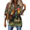 Chicken Rooster Garden Flowers Womens Button Down Shirts Long Sleeve Dress Shirts Casual Blouses Irregular Hem Tops