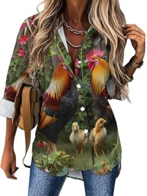 Chicken Rooster Garden Flowers Womens Button Down Shirts Long Sleeve Dress Shirts Casual Blouses Irregular Hem Tops