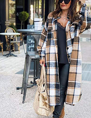 Women's Flannel Plaid Shacket Fall Oversized Long Button Down Shirt Jacket Shackets