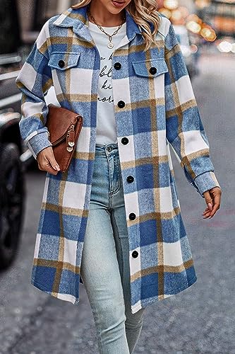 Womens Plaid Shacket Jacket Fall Fashion 2025 Long Sleeve Button Up Flannel Shirt Winter Clothing Woolen Coats