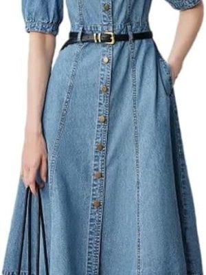 Women Office Denim Midi Dress Square Neck Puff Sleeve Slim Fit Pencil Skirt Dress Workwear Stretch Dress