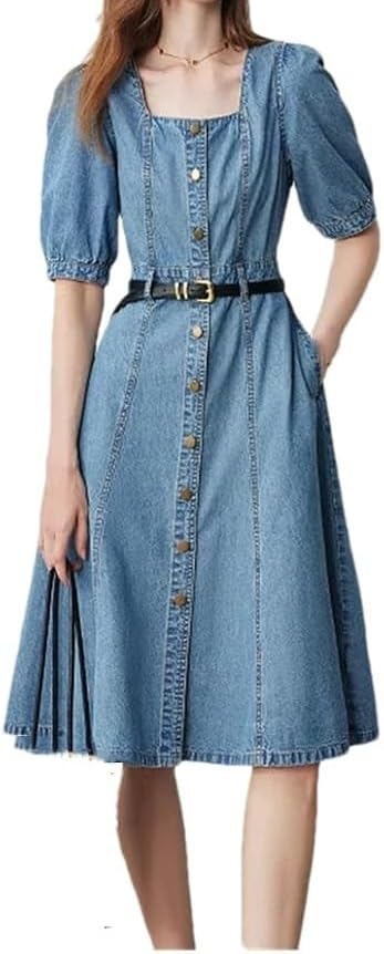 Women Office Denim Midi Dress Square Neck Puff Sleeve Slim Fit Pencil Skirt Dress Workwear Stretch Dress