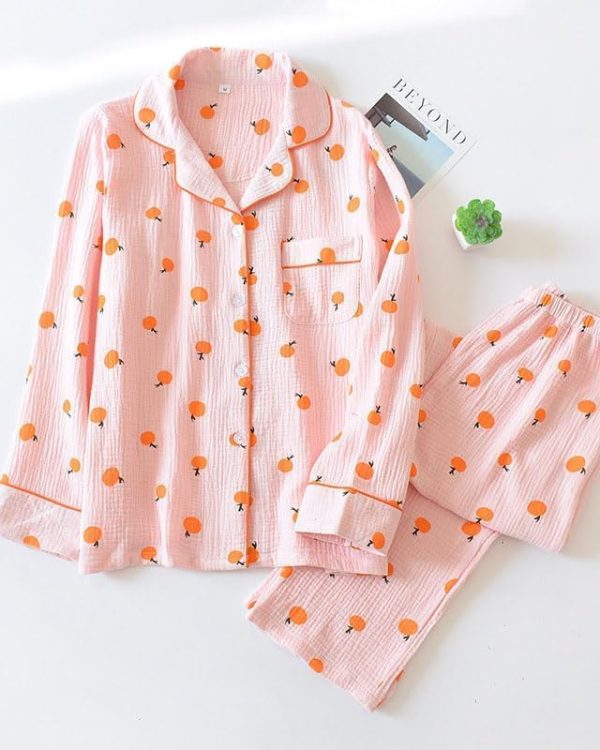 Womens Cotton Gauze Pajama Set Long Sleeve Button Up Shirt and Pants 2 Piece Cute Printed Pj Set