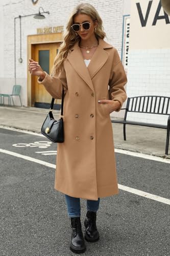Women's Long Coat Notched Lapel Collar Double Breasted Pea Coat Winter Elegant Wool Blend Over Coats Jackets
