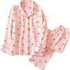 Womens Cotton Gauze Pajama Set Long Sleeve Button Up Shirt and Pants 2 Piece Cute Printed Pj Set