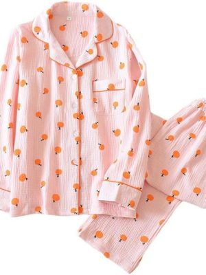 Womens Cotton Gauze Pajama Set Long Sleeve Button Up Shirt and Pants 2 Piece Cute Printed Pj Set