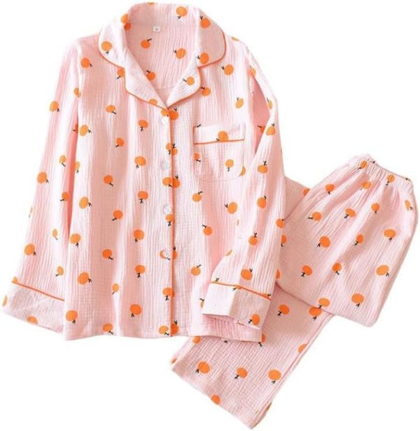Womens Cotton Gauze Pajama Set Long Sleeve Button Up Shirt and Pants 2 Piece Cute Printed Pj Set