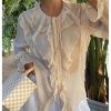 Women's Chiffon Blouses Dressy Peasant Tops Boho Sheer Ruffle Bishop Long Sleeve Button Down Shirt