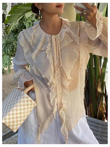 Women's Chiffon Blouses Dressy Peasant Tops Boho Sheer Ruffle Bishop Long Sleeve Button Down Shirt
