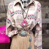 Women's Retro Aztec Shirt Western Cowgirl Pearl Snap Blouses Button Up Long Sleeve Ethnic Printed Top