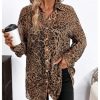 Women's Leopard Cheetah Sheer Mesh Button Down Shirt Long Sleeve Drop Shoulder Blouse Top