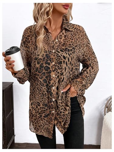 Women's Leopard Cheetah Sheer Mesh Button Down Shirt Long Sleeve Drop Shoulder Blouse Top