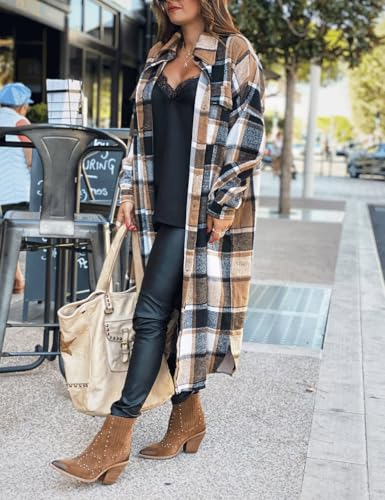 Women Fall Flannel Plaid Shacket Jacket Oversized Button Down Long Shirt Jacket