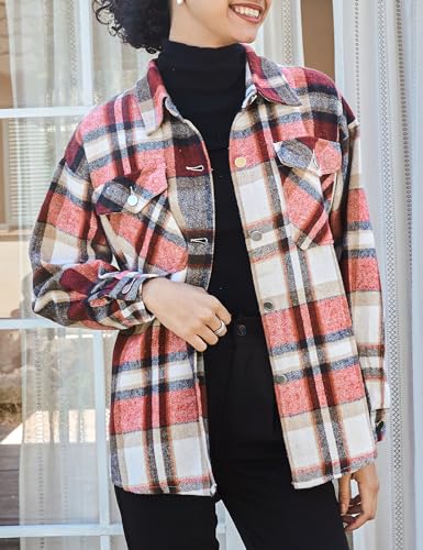 Womens Casual Flannel Plaid Shirts Shacket Jacket Oversized Fall Coat Long Sleeve Shirts Button Down Blouse Tops Outfits