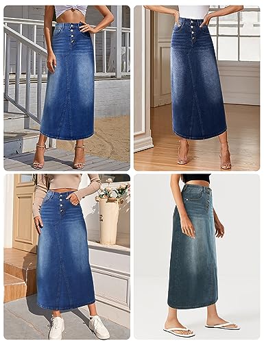 Womens Long Denim Skirt Casual A-Line Stretch Jean Skirt for Women High Waisted Vintage Denim Maxi Skirt with Pockets Blue