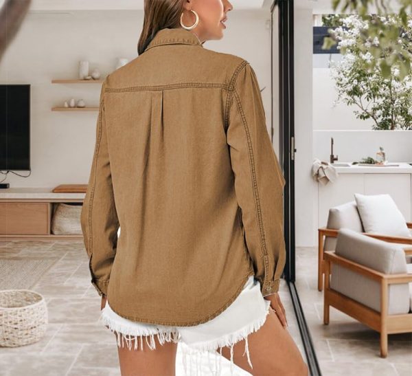 Jean Shirts for Women Denim Button Down Long Sleeve Western Blouse Chambray Casual Collared Denim Tops Camel S