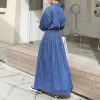 Women's Long Sleeve Denim Shirt Dress Button Down Lapel Business Casual Maxi Long Jean Dress