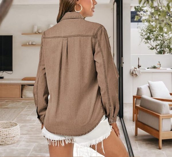 Jean Shirts for Women Denim Button Down Long Sleeve Western Blouse Chambray Casual Collared Denim Tops Camel S