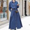 Women's Long Sleeve Denim Shirt Dress Button Down Lapel Business Casual Maxi Long Jean Dress