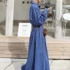 Women's Long Sleeve Denim Shirt Dress Button Down Lapel Business Casual Maxi Long Jean Dress