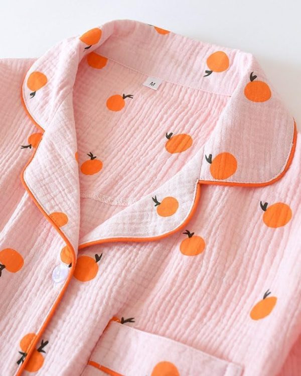 Womens Cotton Gauze Pajama Set Long Sleeve Button Up Shirt and Pants 2 Piece Cute Printed Pj Set